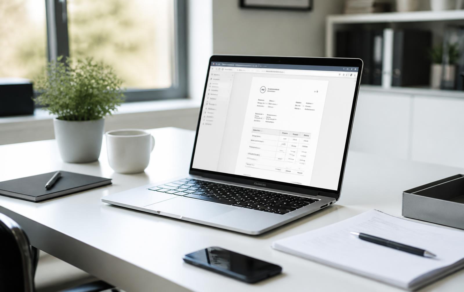 Arbeitsplatz mit Rechnungsdokument am Notebook